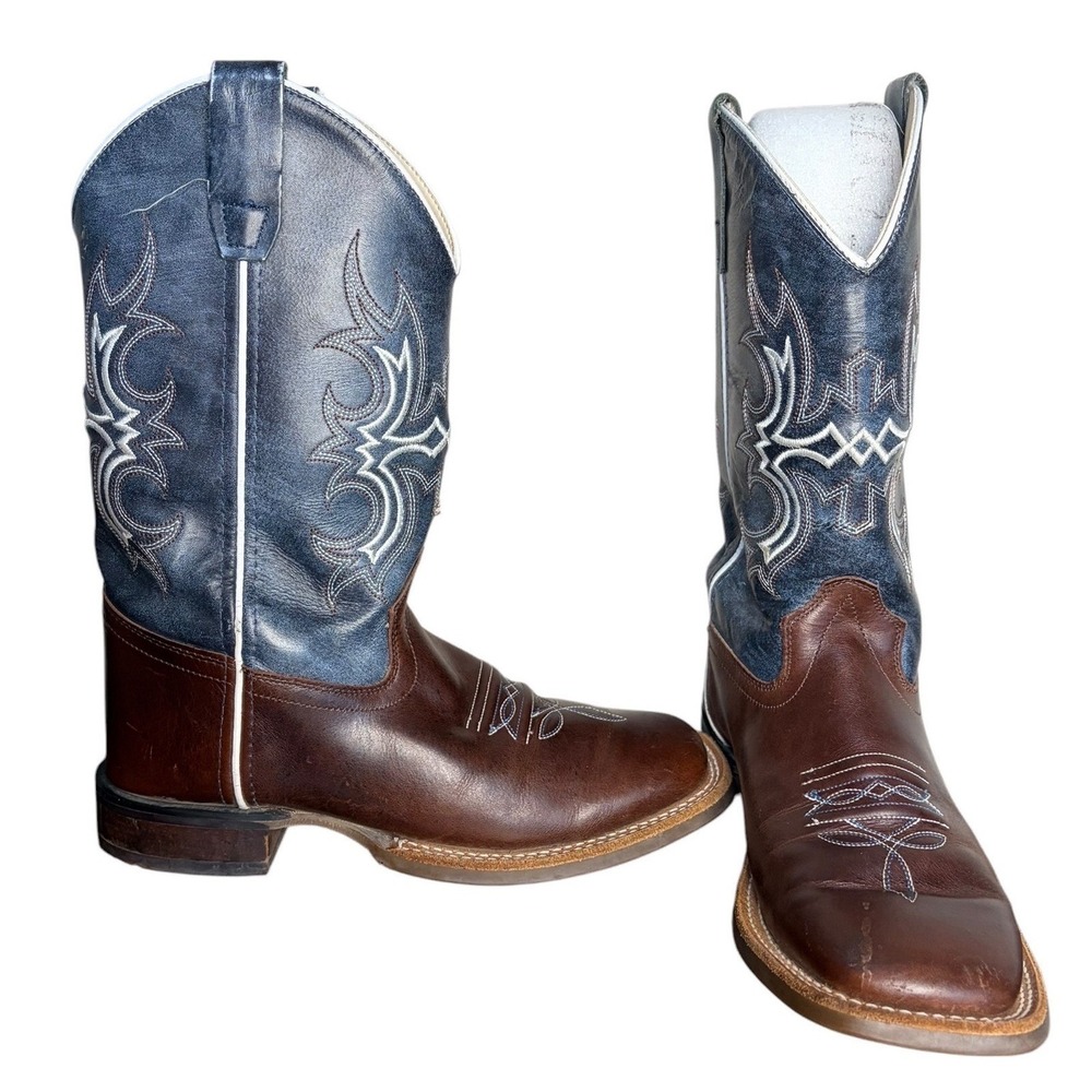Old West Brown & Blue Leather Cowboy Boots Square Toe Big Boy's Size 5.5